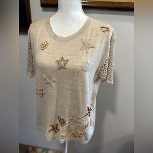 Lisa International womens L top sand color w/ shells linen/cotton beach chic EUC